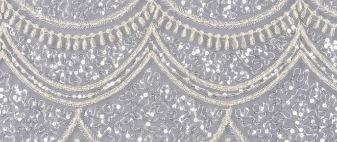 Stunning all-over laces, beaded trims and motifs, French Chantilly’s, satin and bridal fabric