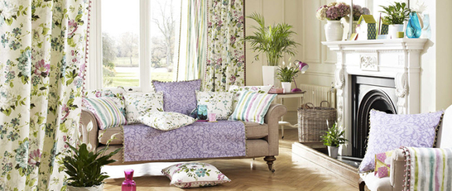 eclectic drapery collection with fresh spring florals, watercolour stripes, tropical birds and stylised damask designs for curtains, blinds and cushions